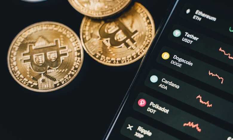 Visual of Bitcoin with a phone displaying cryptocurrency market trends.