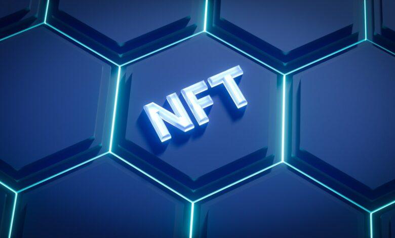 a blue hexagonal background with the word nft on it