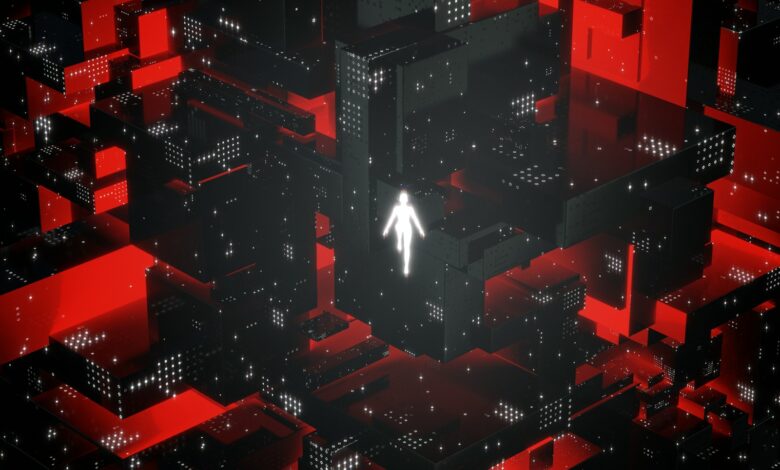 a person walking through a maze of red and black cubes