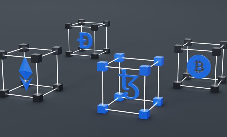 a set of three blue and white cubes with a bitcoin symbol